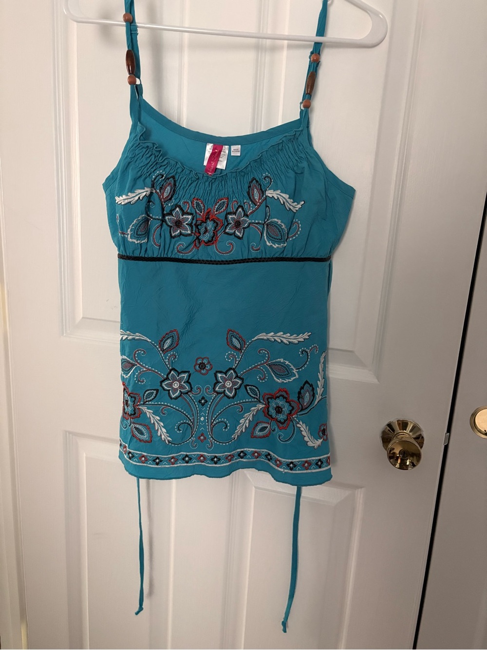 Heart Soul Teal Embroidered Floral Smocked Neck Tank